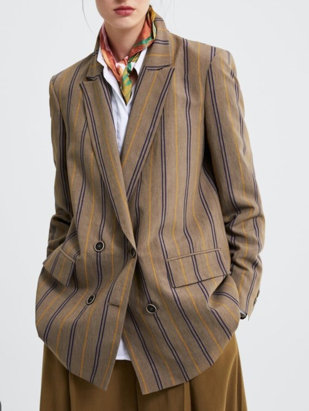 Zara Brown Striped Double-Breasted Blazer